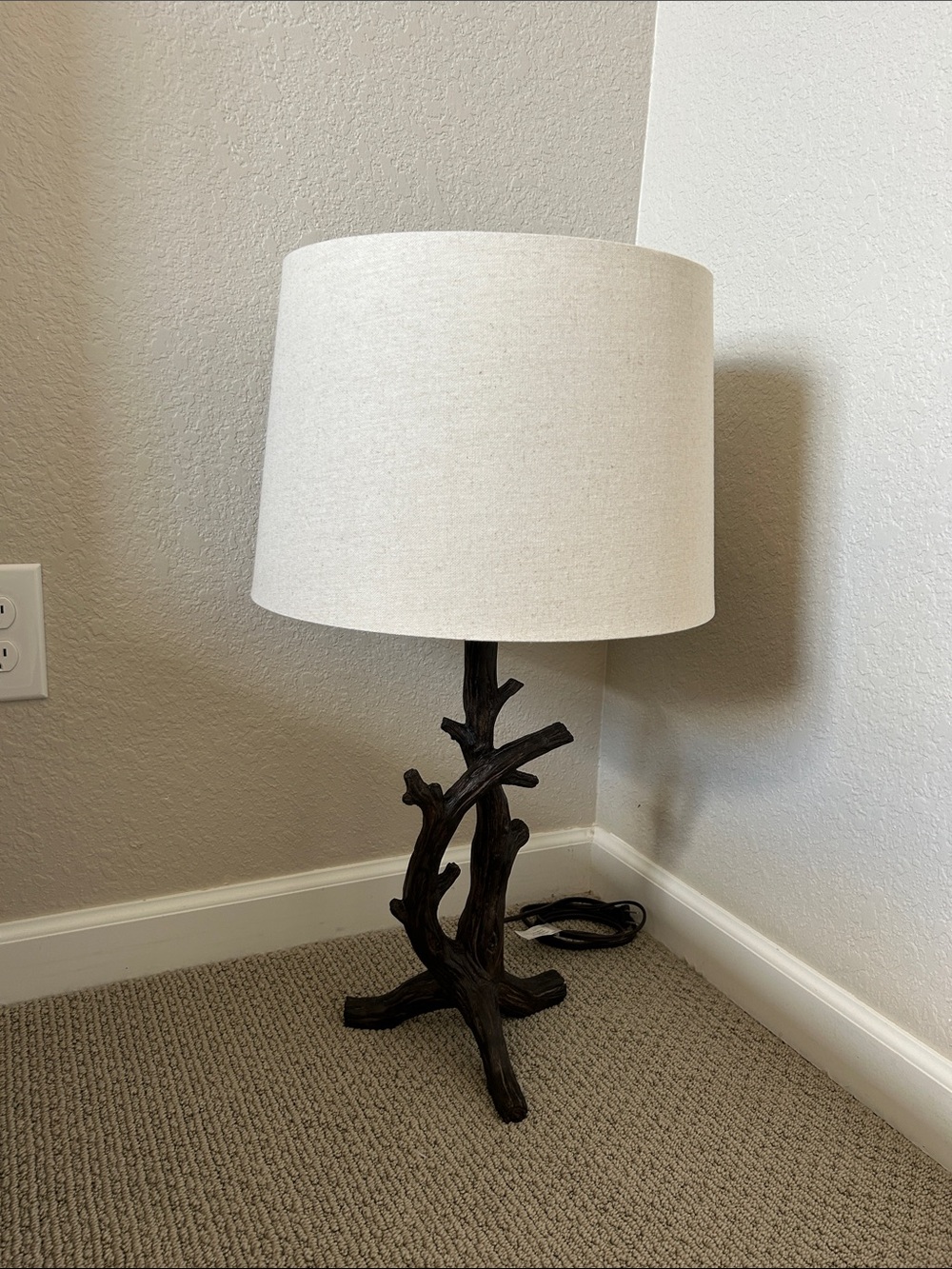 Neutral Oatmeal/ Light Sand Drum Shade Table Lamp with Dark Wood Branch Base